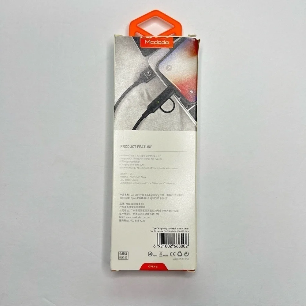 NWOT Mcdodo 2-in-1 Quick Charge Data Cable Android Type C & Apple Lighting 4FT